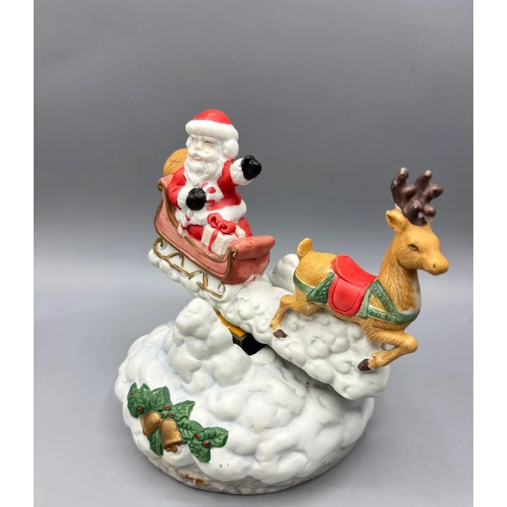 Vintage Ceramic Santa Sleigh Reindeer Musical Christmas Decor Animated Music Box